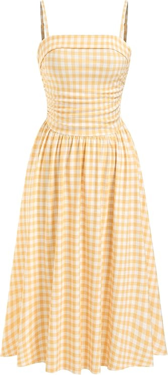 CIDER Women's Summer Gingham Midi Dress Sleeveless Ruched Plaid Dress Spaghetti Strap Dresses Cas... | Amazon (US)