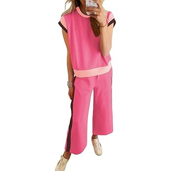 SHEWIN Women's 2 Piece Lounge Sets Casual Short Sleeve Pullover Tops Matching Wide Leg Pants Trac... | Amazon (US)
