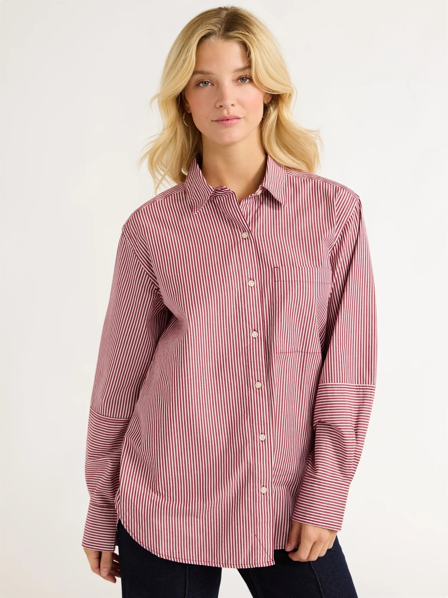 Free Assembly Women’s Button Front Boxy Cotton Tunic Shirt with Long Sleeves, Sizes XS-XXL | Walmart (US)