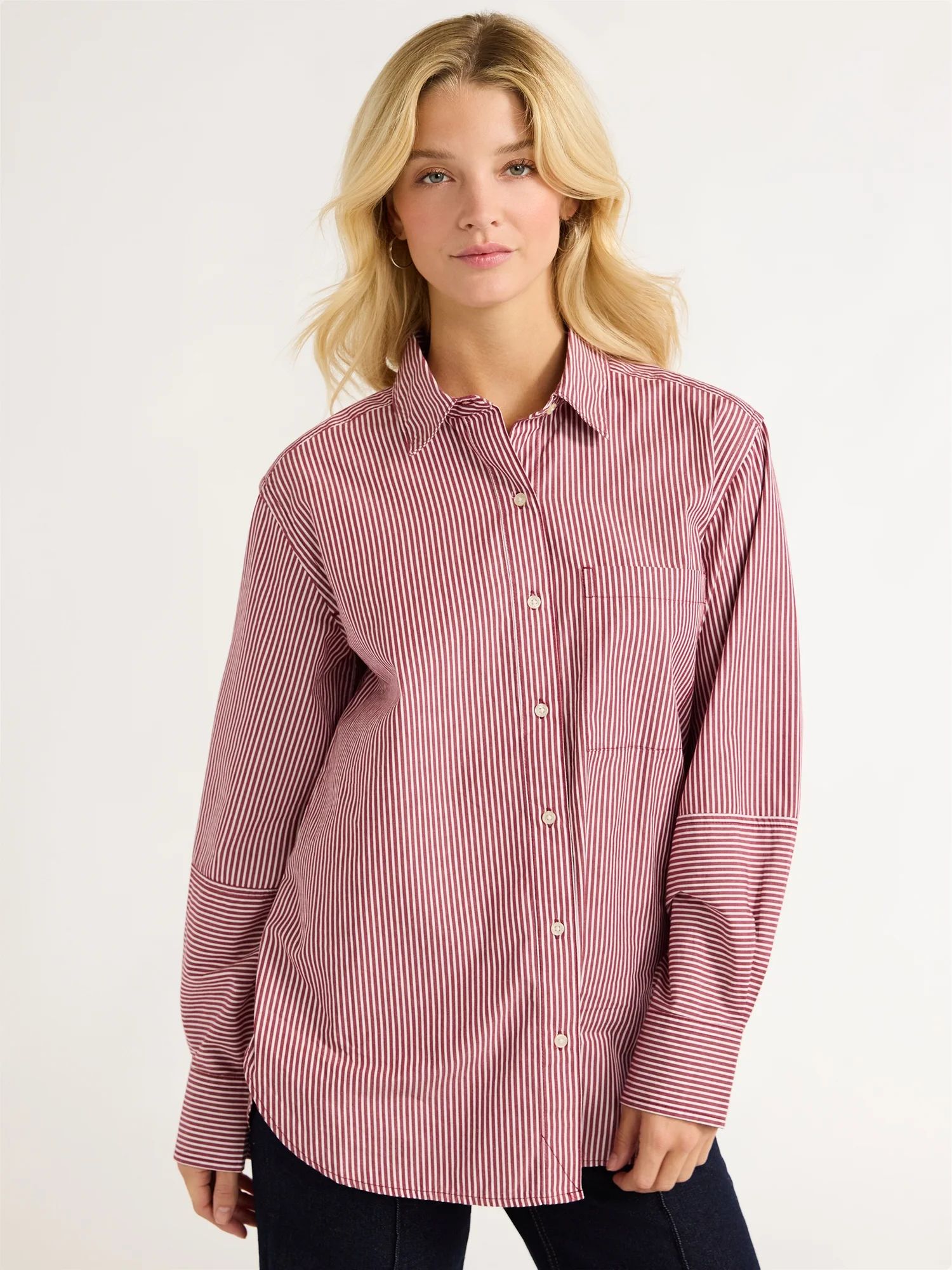 Free Assembly Women’s Button Front Boxy Cotton Tunic Shirt with Long Sleeves, Sizes XS-XXL | Walmart (US)