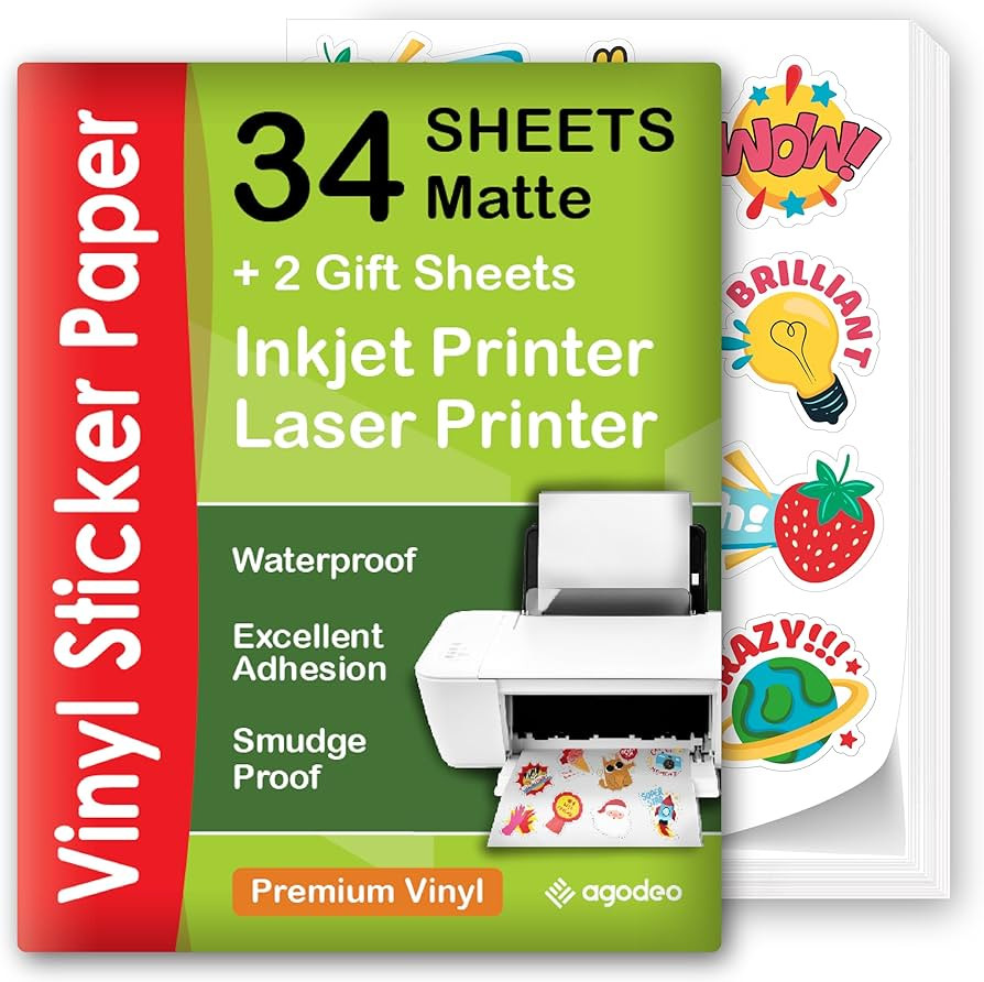 Premium Printable Vinyl Sticker Paper for Inkjet Printer - 34 Sheets Self-Adhesive Sheets Matte W... | Amazon (US)