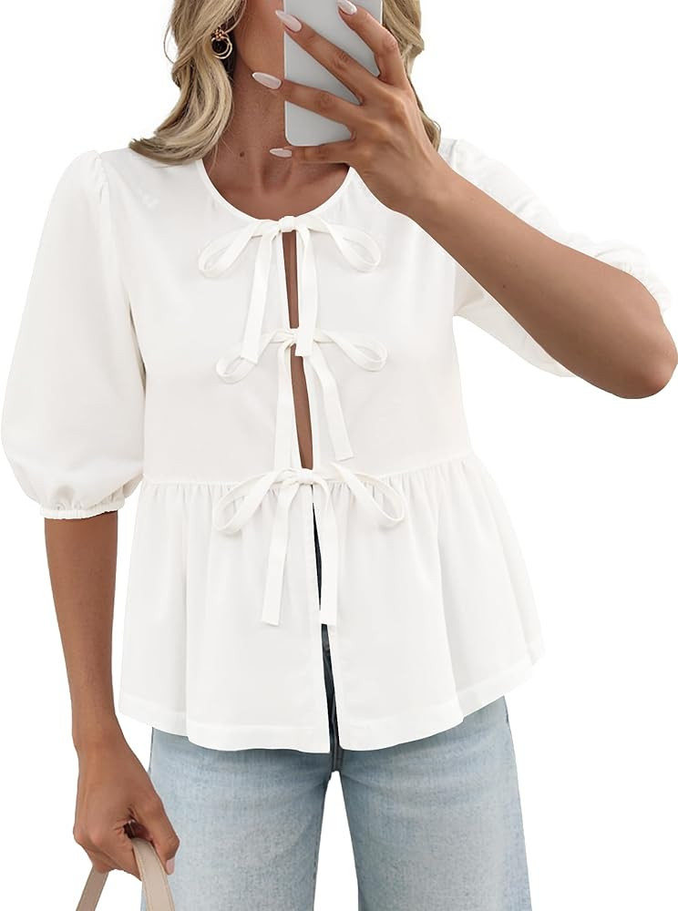 Women's Tie Front Peplum Blouses Puff Short Sleeve Crewneck Shirt Cute Y2K Coquette Babydoll Goin... | Amazon (US)