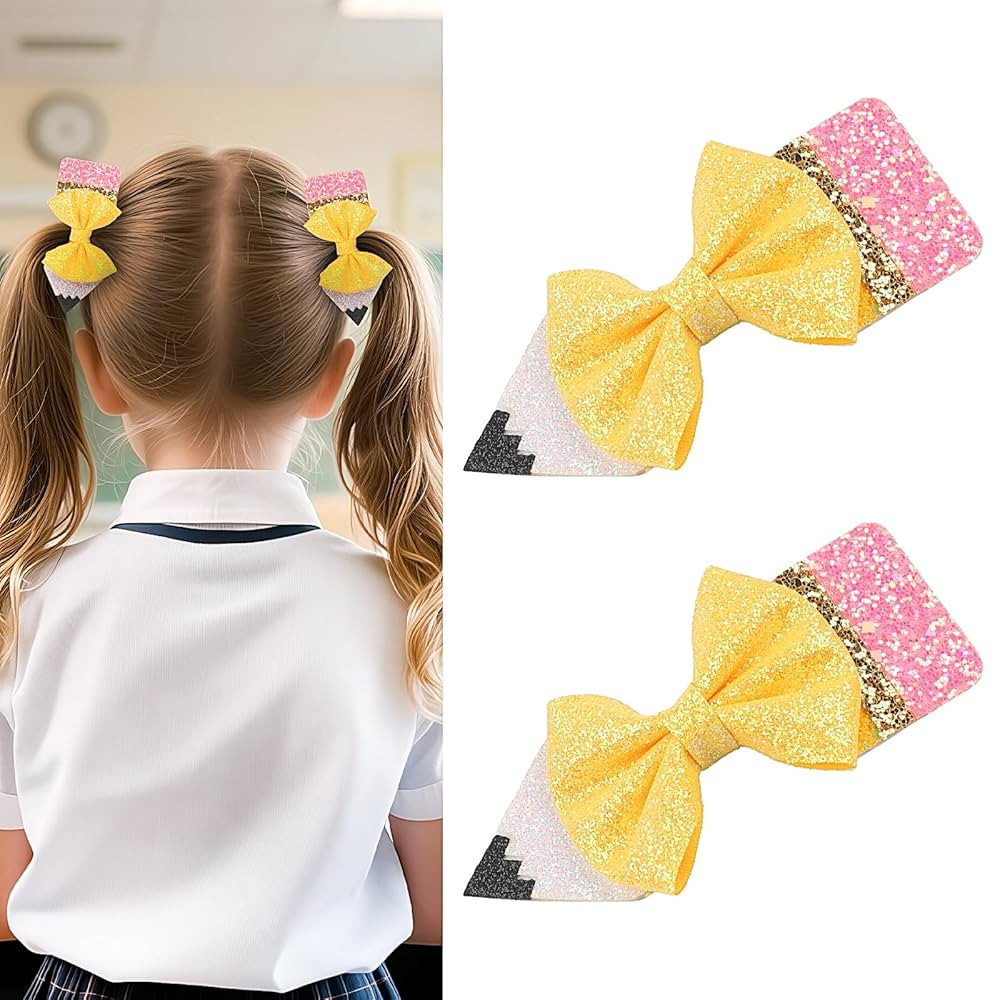 Back to School Pencil Bows Hair Clips, First Day of School Hair Clip, Glitter Sparkly Yellow Hair... | Amazon (US)
