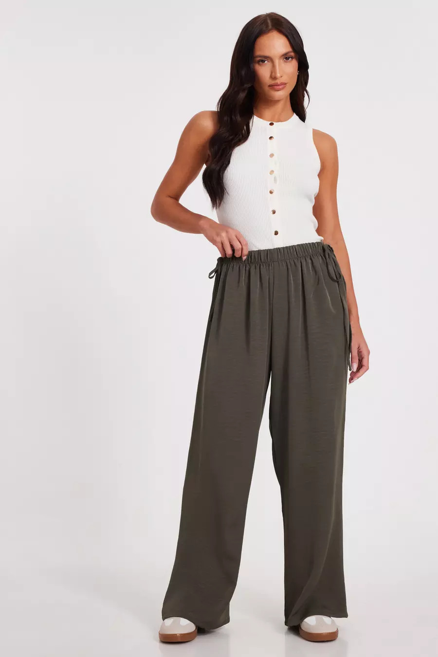 Khaki Tie Waist Palazzo Trousers | Quiz Clothing