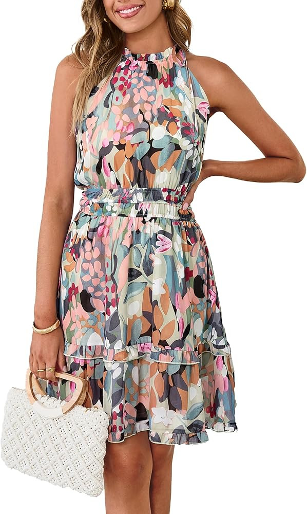 Simplee Womens Floral Summer Halter Dress A Line Sleeveless Emipre Waist Tiered Mini Boho Sundres... | Amazon (US)