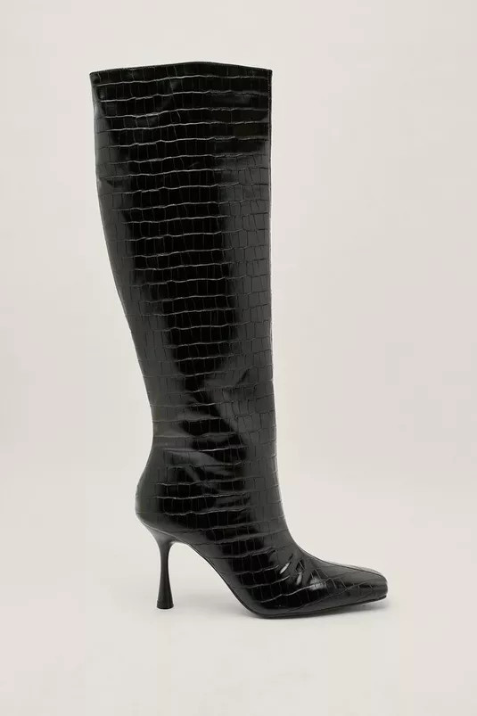 Stretch Faux Croc Stiletto Knee High Boots | Nasty Gal (US)