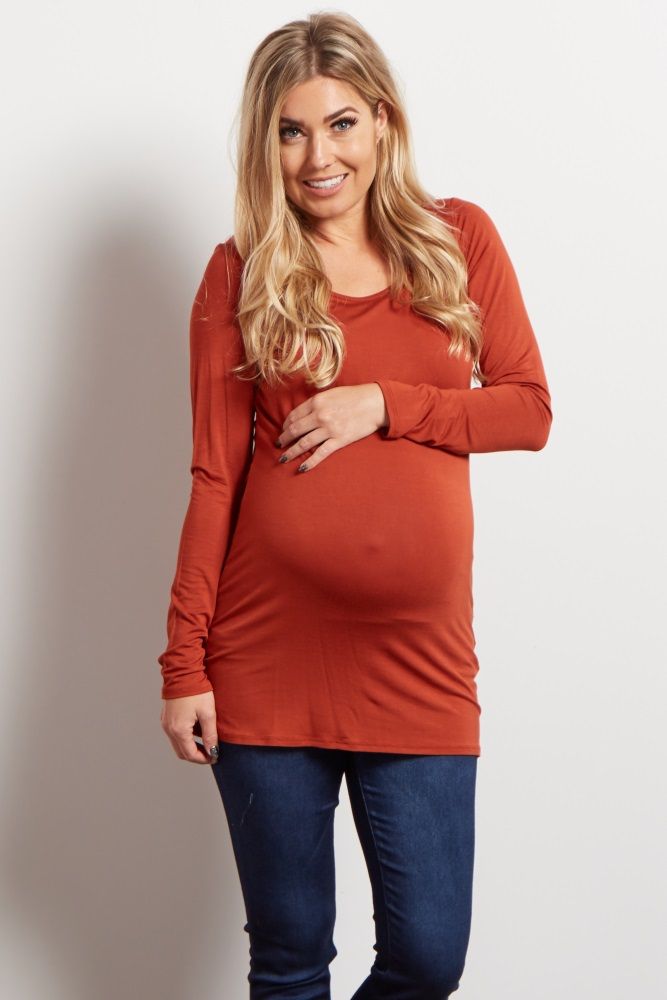 Rust Solid Basic Long Sleeve Maternity Top | PinkBlush Maternity