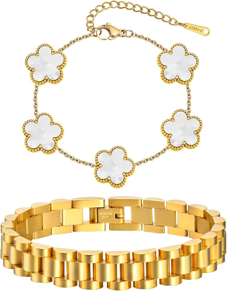 Stackable Gold Floral Bracelets Set , 2pcs 18K Gold Plated Bracelet Non-tarnish,Stainless Steel L... | Amazon (US)