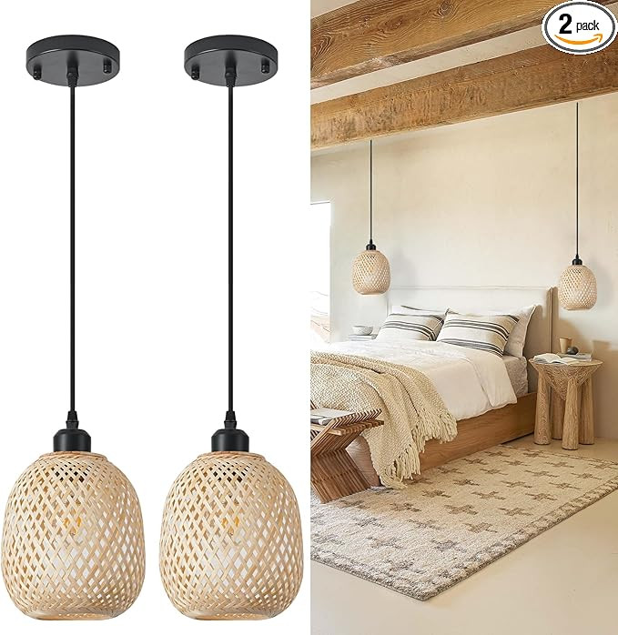 Hanging Light Fixture Set of 2, Mid Century Bohemian Rattan Bamboo Pendant Lighting,Torus Basket ... | Amazon (US)