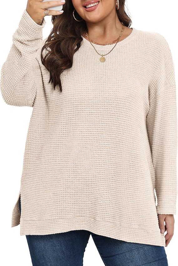 KARALIN Womens Plus Size Tops Fall CrewNeck Waffle Knit Long Sleeve Shirts Side Slits Oversized S... | Amazon (US)