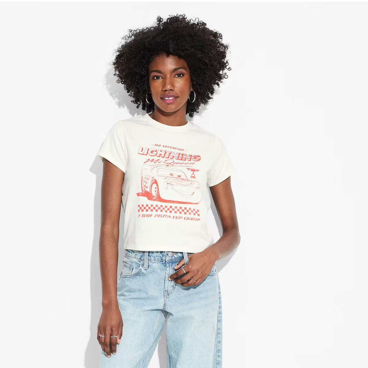 Women's Pixar Lightning McQueen Short Sleeve Graphic Baby T-Shirt - White | Target