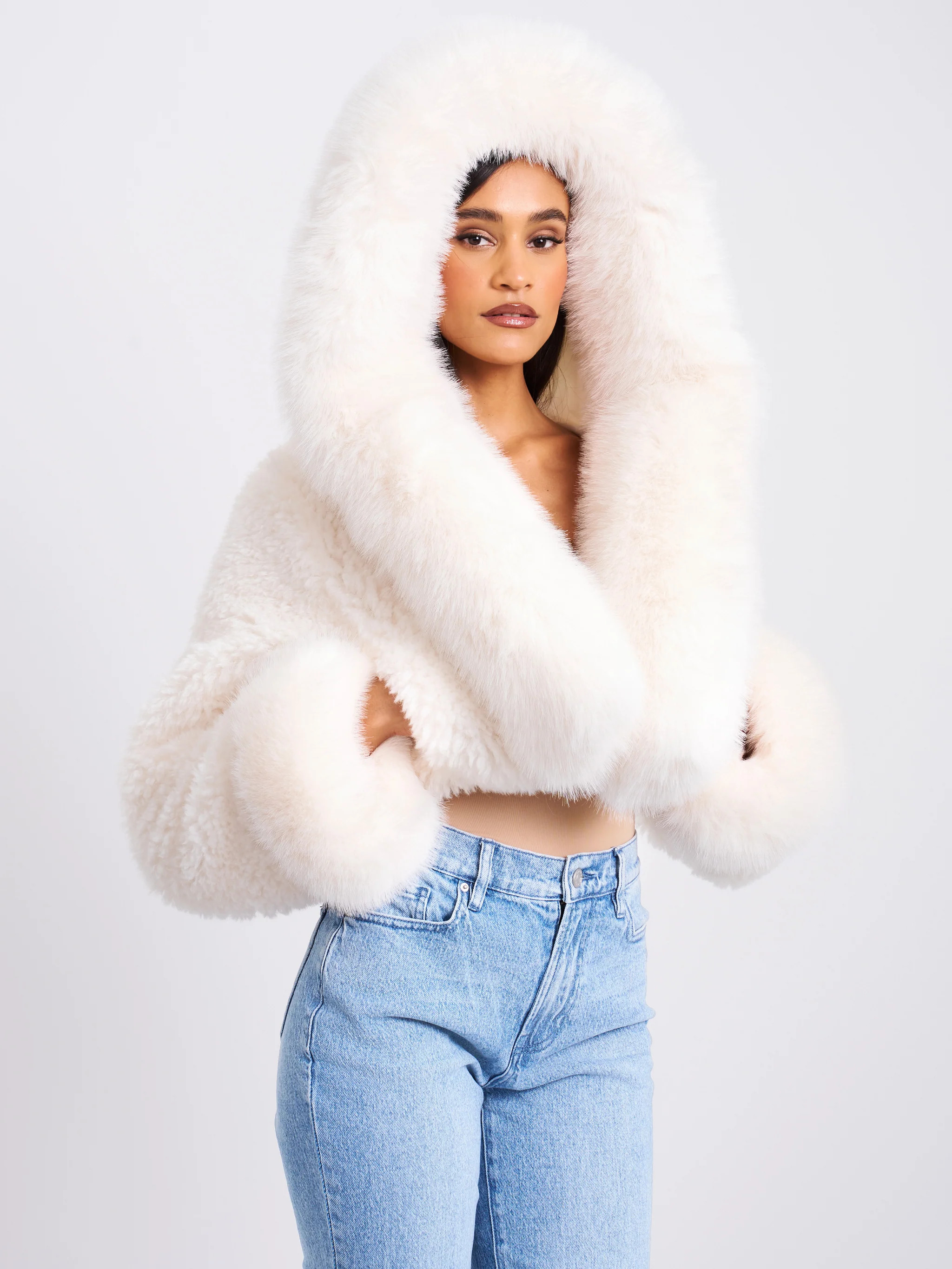 Kali White Cropped Vegan Fur Jacket With Hood | Miss Circle