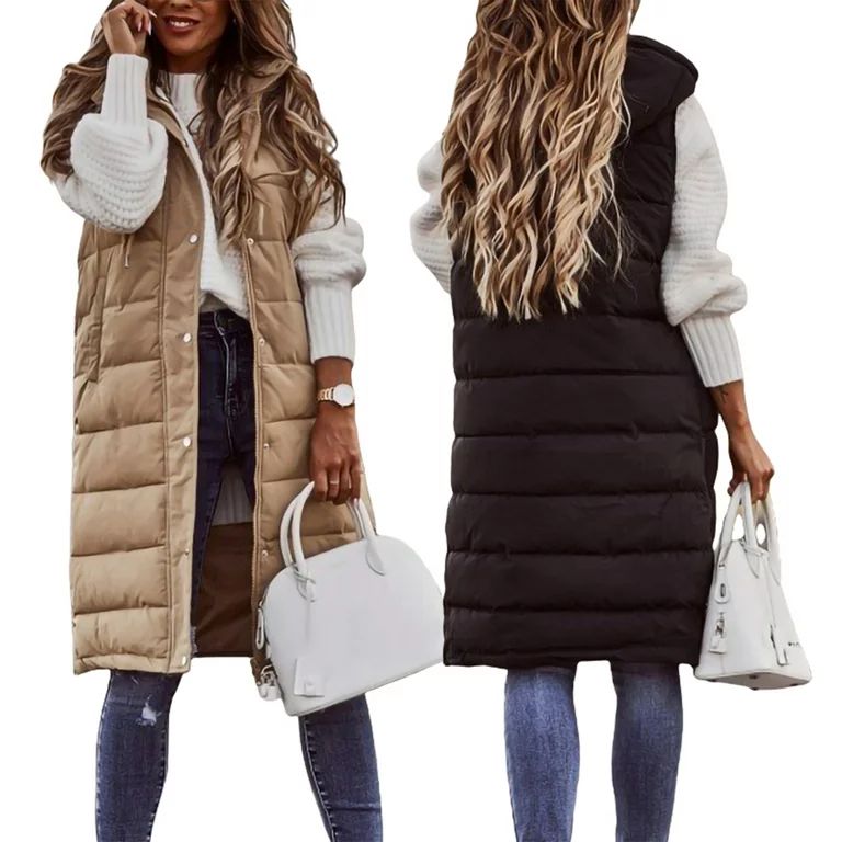 Women Warm Keeping Long Gilet Solid Colour Sleeveless Zipper  Puffer Jacket Hooded Waistcoat Midi... | Walmart (US)