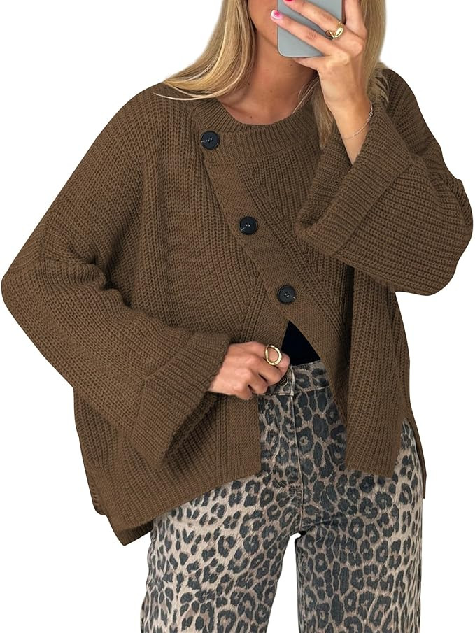 Balimtoy Chunky Cardigan Sweaters for Women Long Sleeve Crewneck Button Down Loose Pullover Sweat... | Amazon (US)