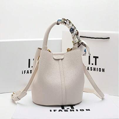 High-Grade Leather Bucket Bag, Women's Bag Solid Color High-Capacity Shoulder And Crossbody Handbag With Magnetic Closure, Polyester Lining, Edge Pain | SHEIN