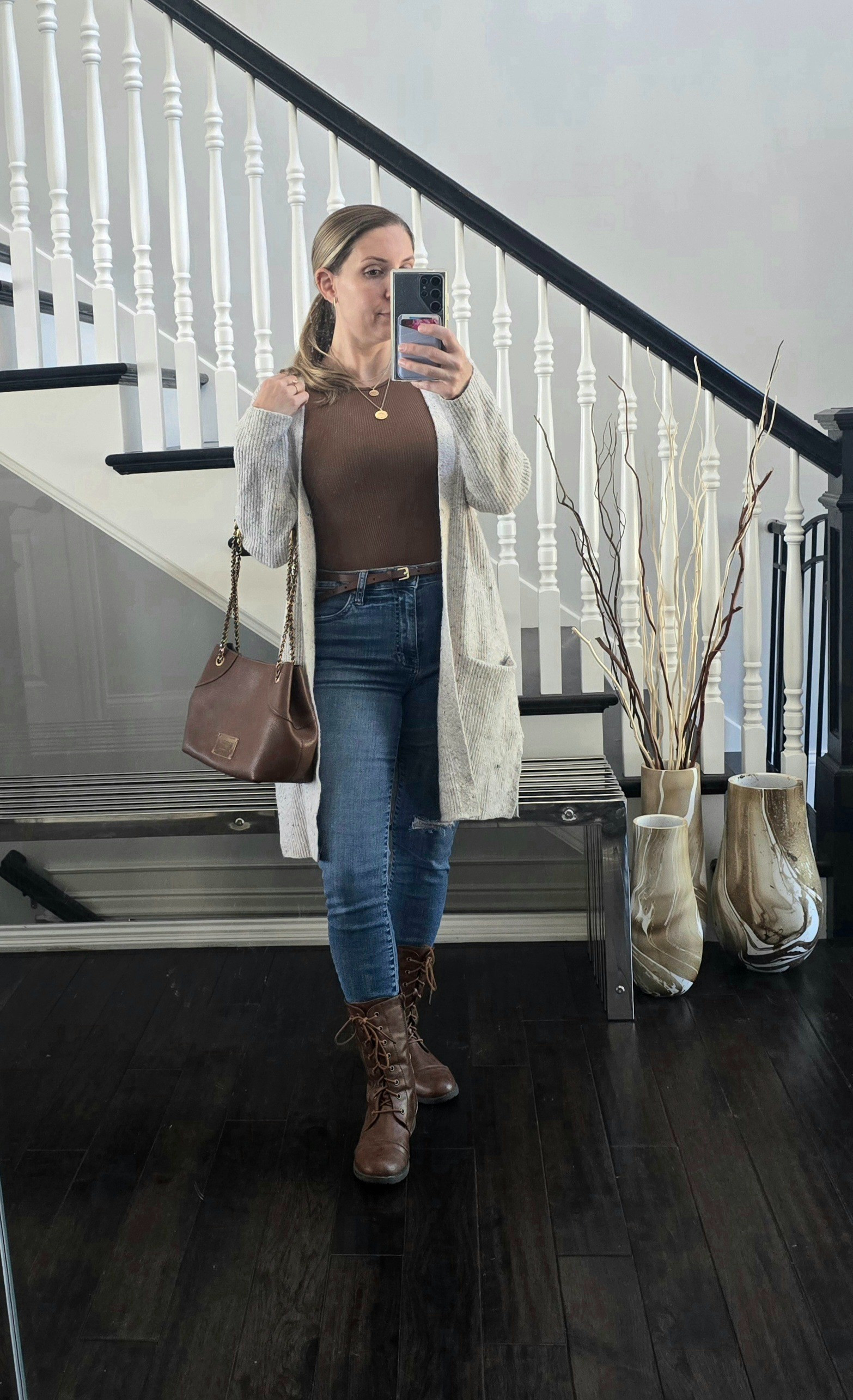 Feeling Fall*bodysuit*beige open front sweater*skinny jeans*Brown boots

#LTKSeasonal #LTKFindsUnder50