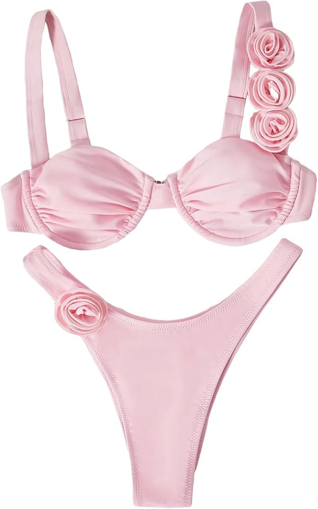 Women's 3D Flower Design Swimsuit Light Pink Bikini Rose Bikini Sets Amazon Swimsuits 2025 Amazon | Amazon (US)