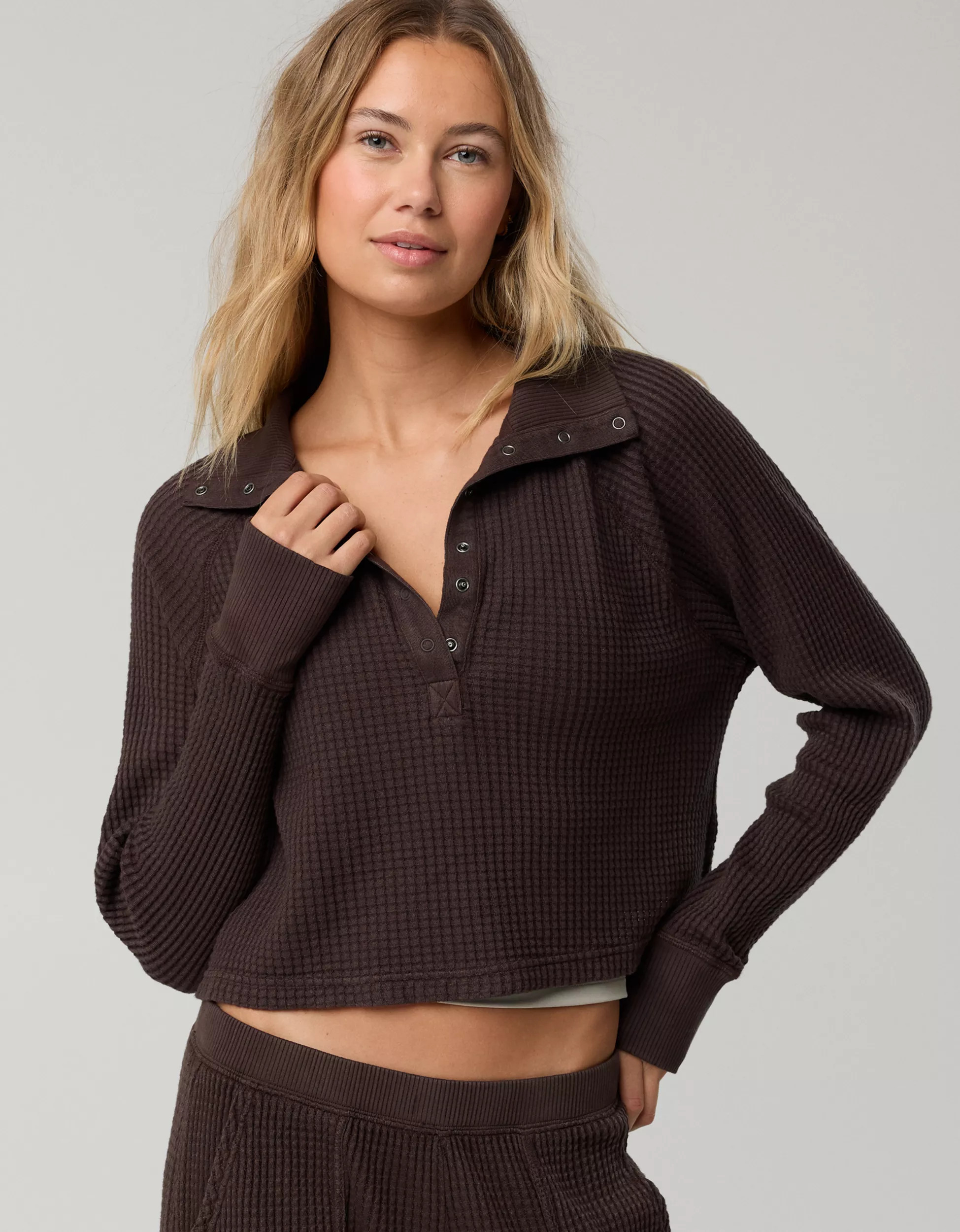 OFFLINE By Aerie Wow! Waffle Mockneck Henley Long Sleeve T-Shirt | Aerie