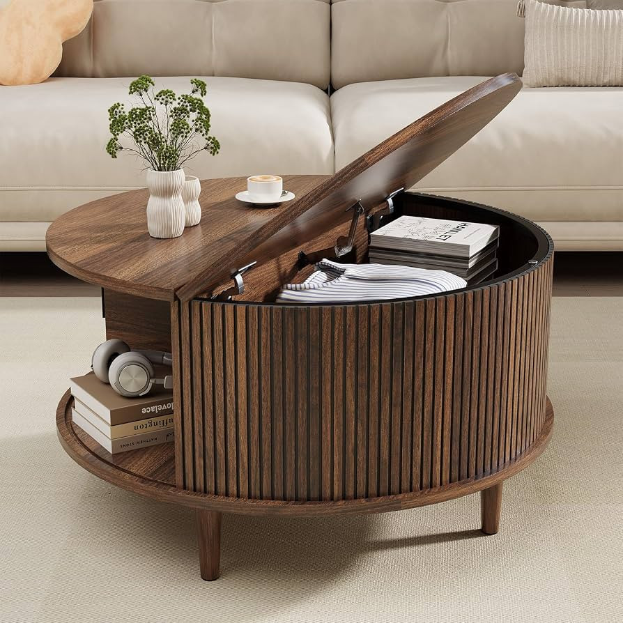 Round Coffee Table with Storage, Mid Century Modern Coffee Table, Fluted Dining Table with Slidin... | Amazon (US)