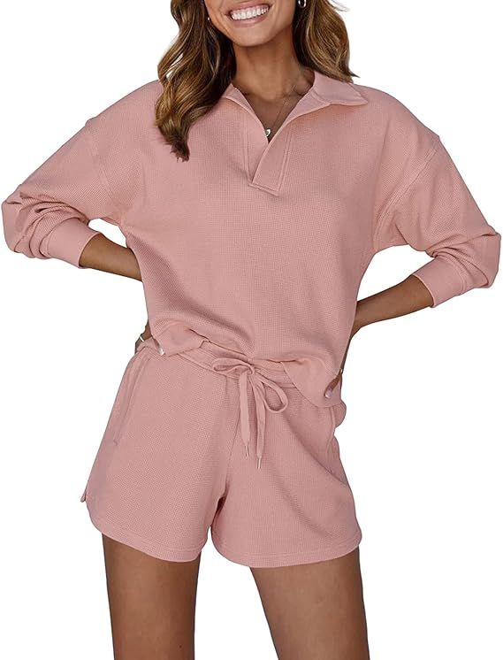 MEROKEETY Women's 2 Piece Waffle Knit Lounge Sets Long Sleeve Shorts Jogger Outfits Pjs | Amazon (US)