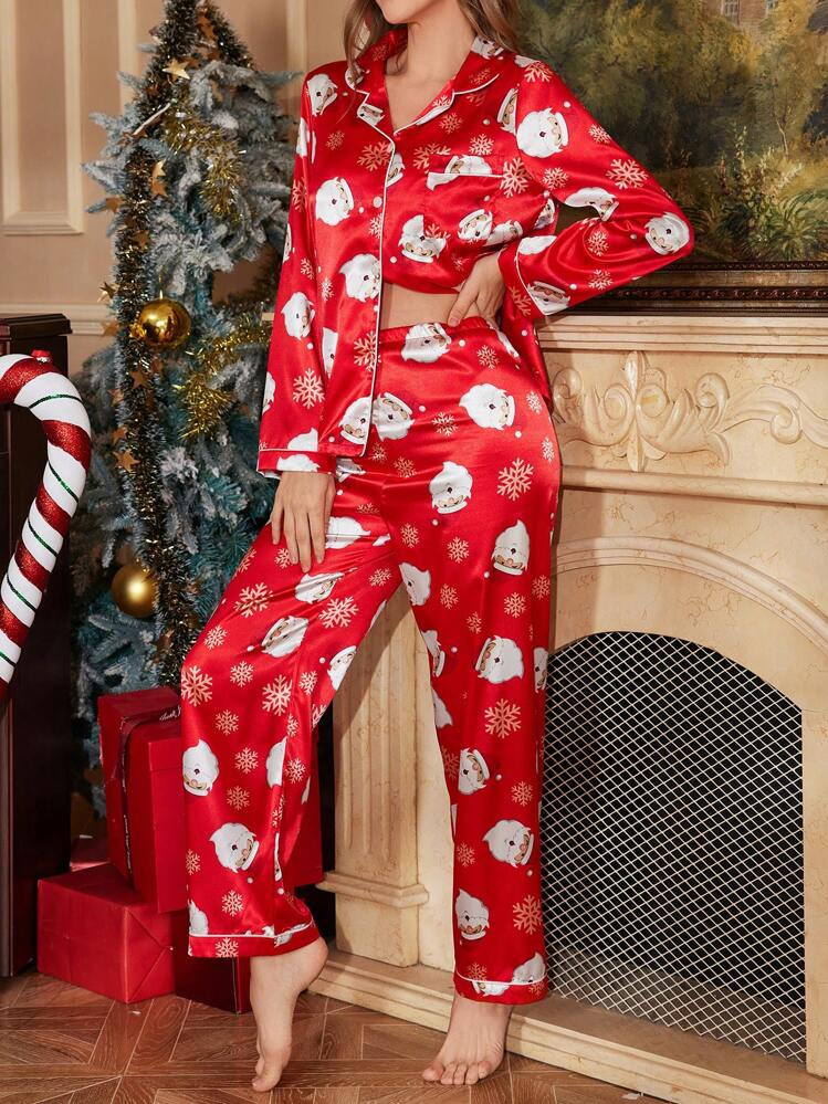 Christmas Pattern Lapel Collar Button Front Top & Pants Pajama Set, Women Clothes, For Fall, Winter | SHEIN