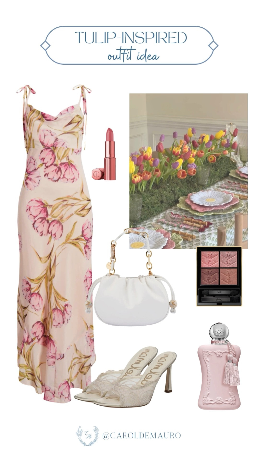 I am completely obsessed with this romantic combination of pink tulip prints, lace kitten heels, and a white cloud bag. The Charlotte Tilbury lip and YSL eyeshadow palette tie the whole look together perfectly.

floral dress outfit, romantic style, summer fashion, feminine outfit, slip dress, outfit inspiration, dressy look, wedding guest dress

#LTKootd #LTKPetite #LTKU