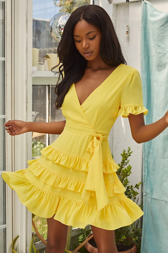 Feeling Butterflies Light Yellow Ruffled Side-Tie Mini Dress | Lulus (US)