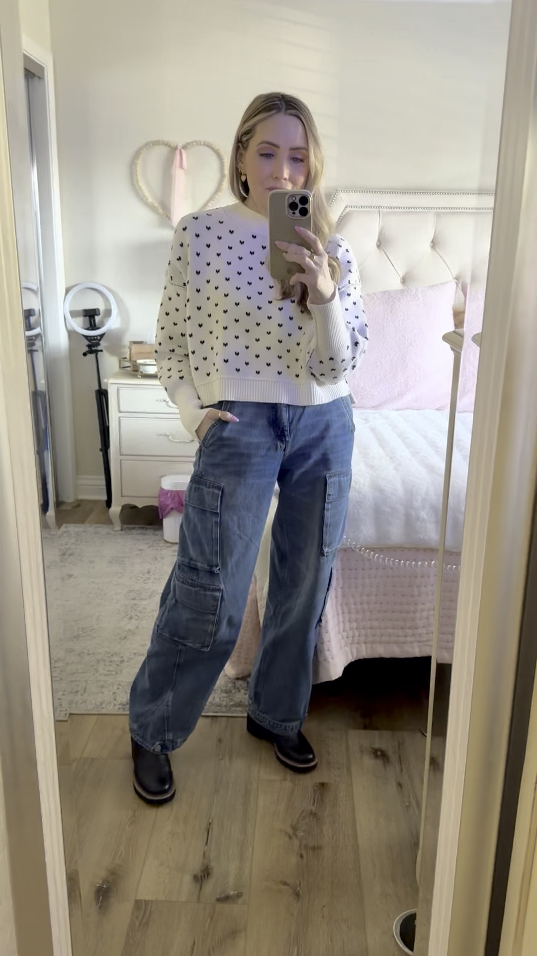 Casual #ootd 
My entire outfit is on major sale! 
 #cargojeans #croppedheartsweater

Wearing size XS in sweater
Size 25 in cargo jeans
Boots TTS 8

#LTKOver40 #LTKFindsUnder100 #LTKSaleAlert