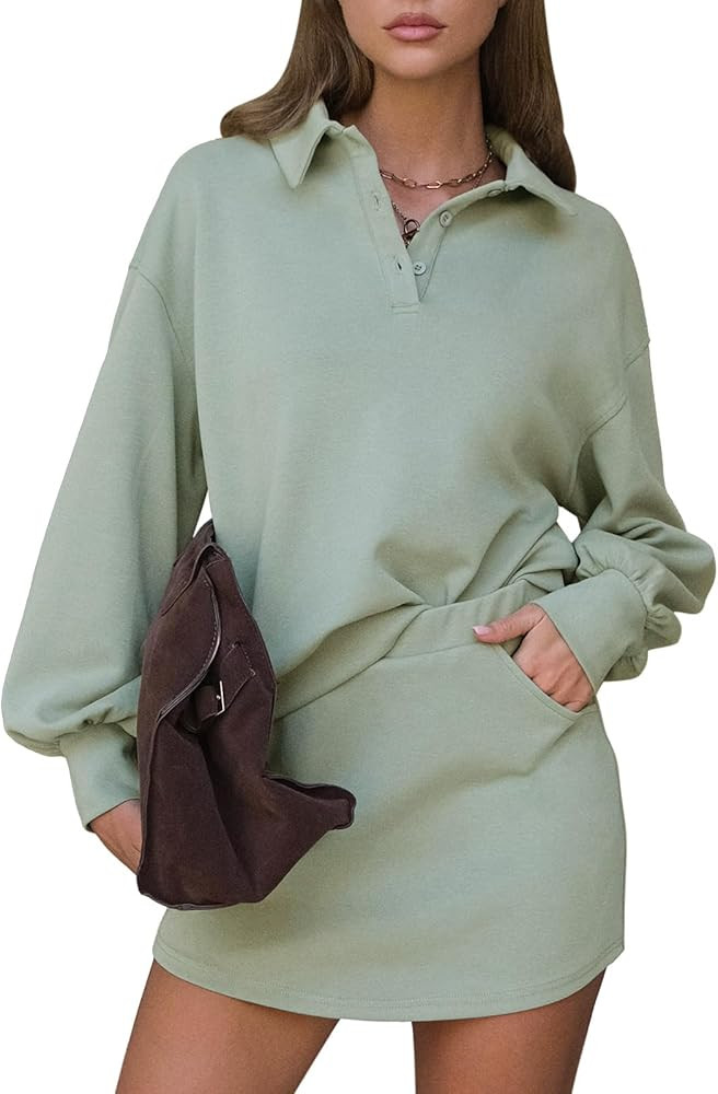 EXLURA Womens 2 Piece Sets Polo Sweatshirt Skort Set Airport Long Sleeve Matching Workout Sets Te... | Amazon (US)