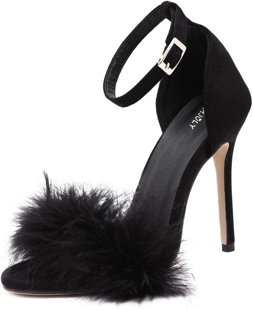 MMJULY Women's Open Toe Ankle Strap Fluffy Feather Stiletto High Heel Dress Sandal | Amazon (US)