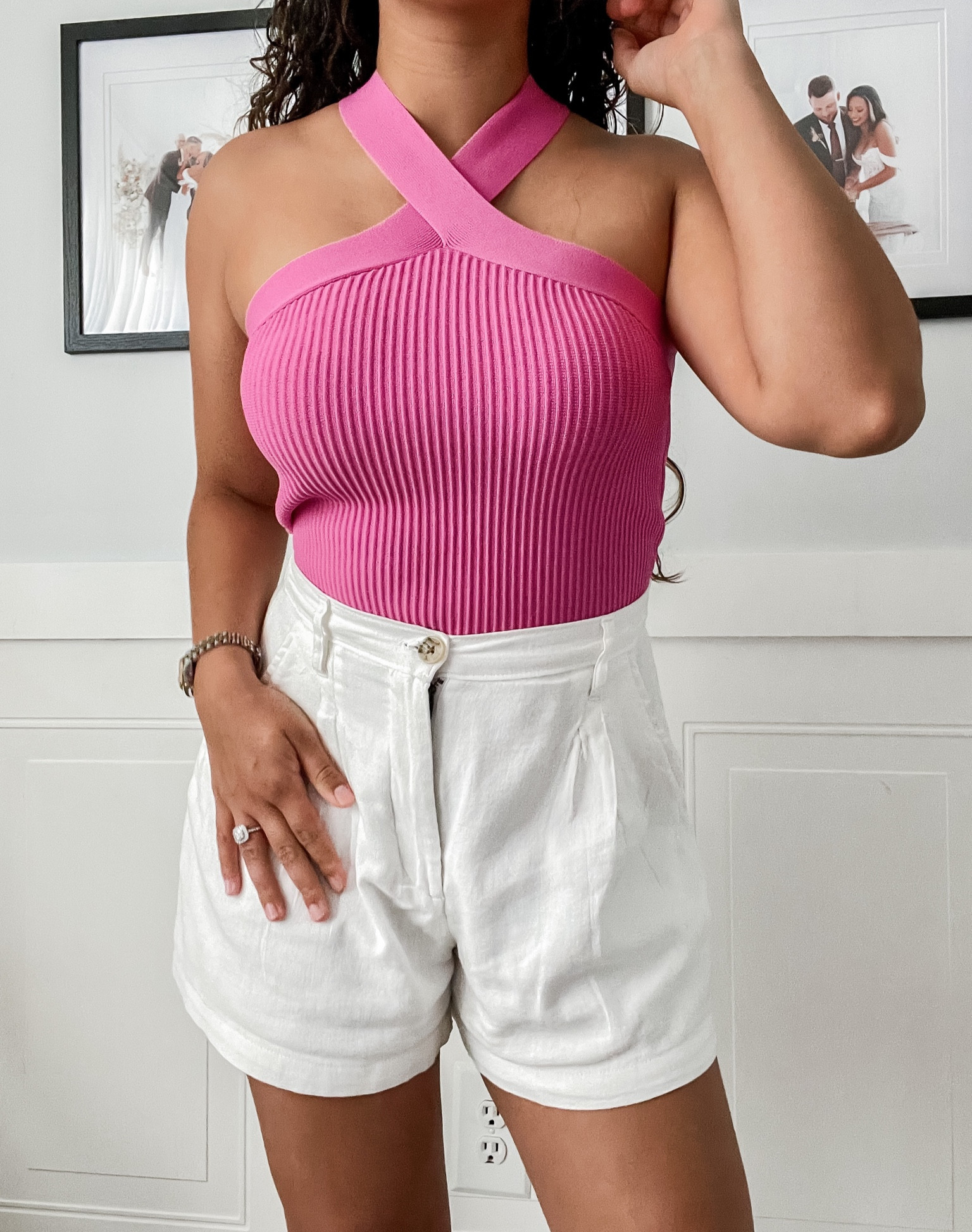 Date night summer outfit for dinner & drinks in Nashville 💗 pink cross cross halter top with high waisted linen blend tailored shorts 

#LTKunder50 #LTKFind #LTKsalealert