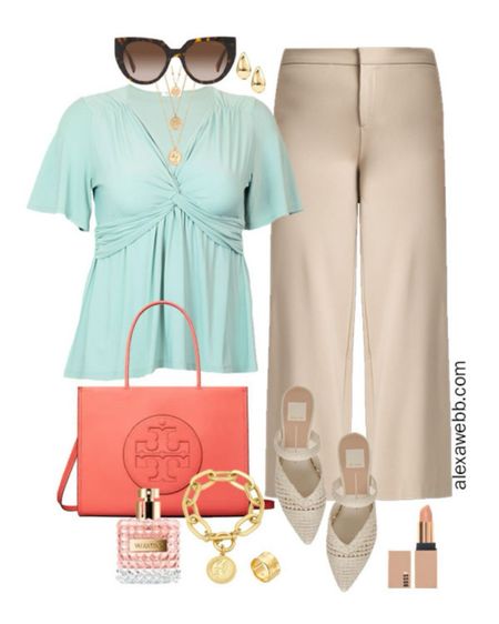 More Plus Size Work Wide Leg Pants Outfits - Part 2 - A plus size business casual outfit for summer with wide leg pants. A plus size pastel aqua empire waist style top is paired with a coral tote bag and raffia mules. Alexa Webb #plussize

#LTKPlusSize #LTKWorkwear #LTKStyleTip