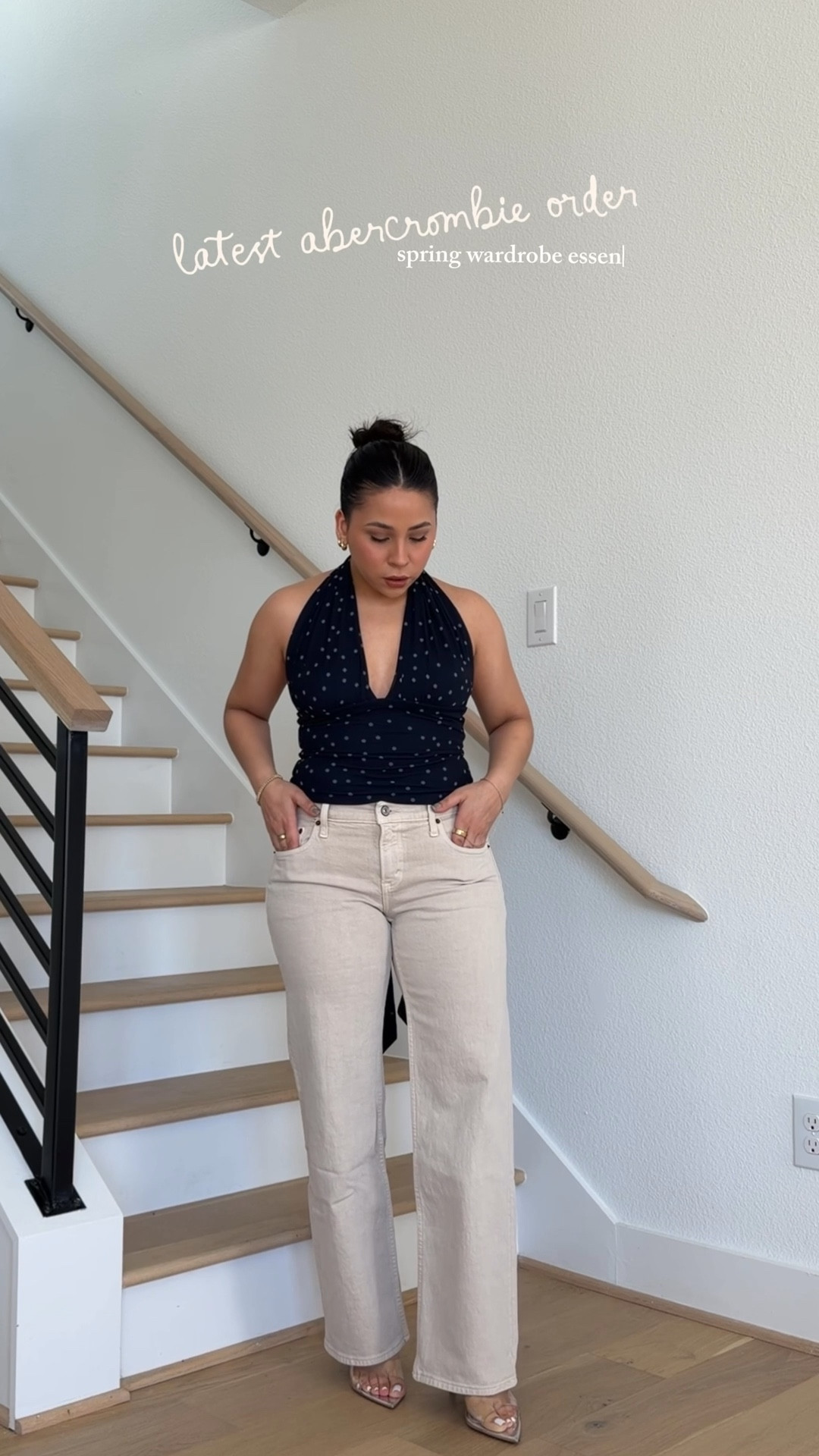 Ltk spring sale abercrombie 25% off w code AFLTK ends Sunday, 3/15
polka dot top: small
low rise beige jeans: 26 short 
Pink cami: small
Pink midi skirt: small
Dark wash denim shorts: 26 
Brown dress: small 
Clear heels: 7

#LTKSpringSale #LTKootd #LTKPetite