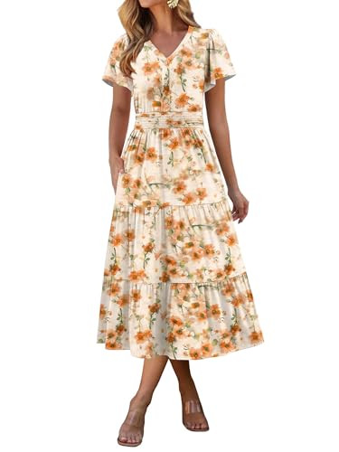 ANRABESS Womens Summer Casual Short Sleeve V Neck Midi Dresses Button Down A Line Flowy Tiered 20... | Amazon (US)