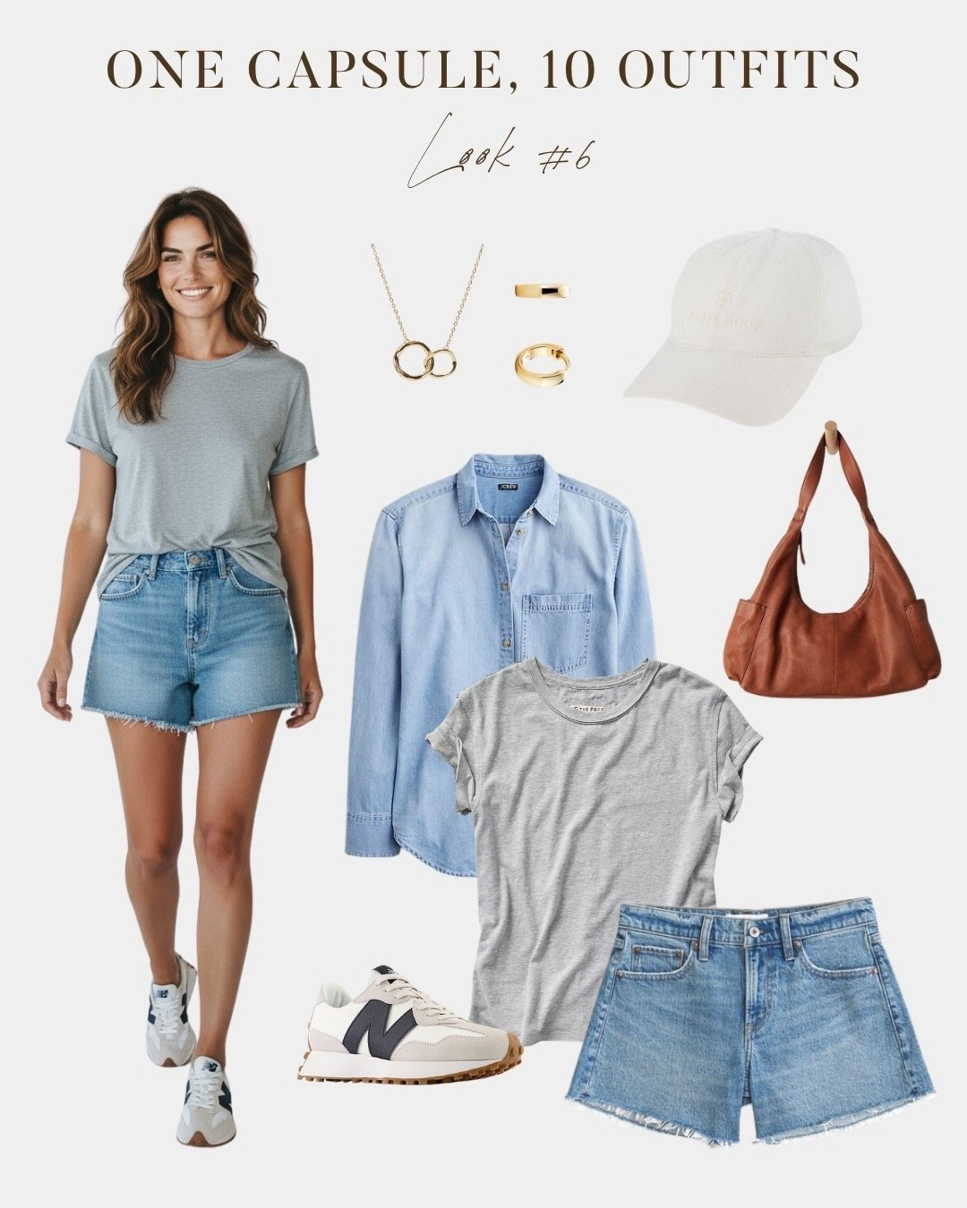 Casual summer capsule wardrobe outfit featuring denim cutoff shorts, a gray tee, and New Balance sneakers. An easy everyday look for warm weather days that requires no thought and still looks put together. Add a denim shirt as an optional layer and a baseball cap for a laid-back finishing touch. Part of a ten outfit spring and summer capsule wardrobe series. 

#LTKootd #LTKSeasonal #LTKOver40