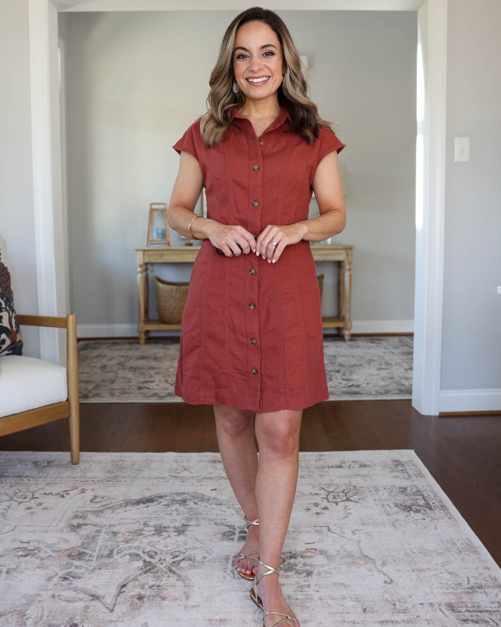 Three petite-friendly transitional outfits that will take you into Fall!

Outfit 1:
Linen blend rust dress (Target): xs
Shoes (Sam Edelman): true to size

Outfit 2:
Light wash jeans (J.Crew Factory): 24 classic - 26.5” inseam 
Navy cardigan (Old Navy): petite xs 
Blue tank top (Quince): xs 
Flats: true to size 

Outfit 3:
Cropped denim top (Anthropologie): XXS - great fit at the arm opening, cropped fit that hits the top of high rise jeans.
Palmer Pants (LOFT): Petite 00 | 10" rise | 24" inseam (on petite 00) | runs large at the waist, size down
Straw bag (Sezane)
Gold sandals (Sam Edelman): true to size

My measurements for reference: I’m 4’10” and 105lbs. My bust, waist, and hip measurement is 32”, 24”, and 36”.

#LTKSeasonal #LTKPetite #LTKSaleAlert