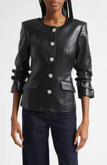 Crystal Button Scrunched Sleeve Faux Leather Jacket | Nordstrom