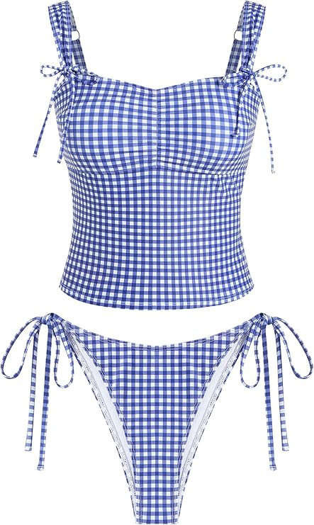 ZAFUL Women's Gingham Ruched Bowknot Decor Cinched Back Tankini Set Tummy Control 2 Piece Bikini ... | Amazon (US)
