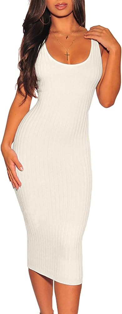 ZERMOM Women's Casual Sexy Bodycon Ribbed Tank Dress Scoop Neck Sleeveless Club Dresses | Amazon (US)