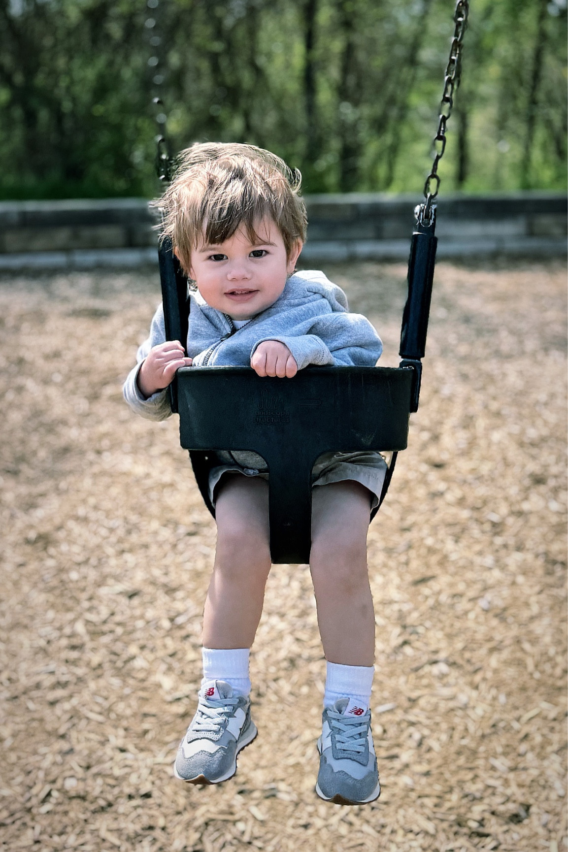 After school swing time! 😊
P is wearing a white pocket tee and khaki cotton shorts from gap factory, simple gray boys hoodie from childrens place, and gray newbalance sneakers from nordstrom rack. 

#LTKsalealert #LTKshoecrush #LTKkids