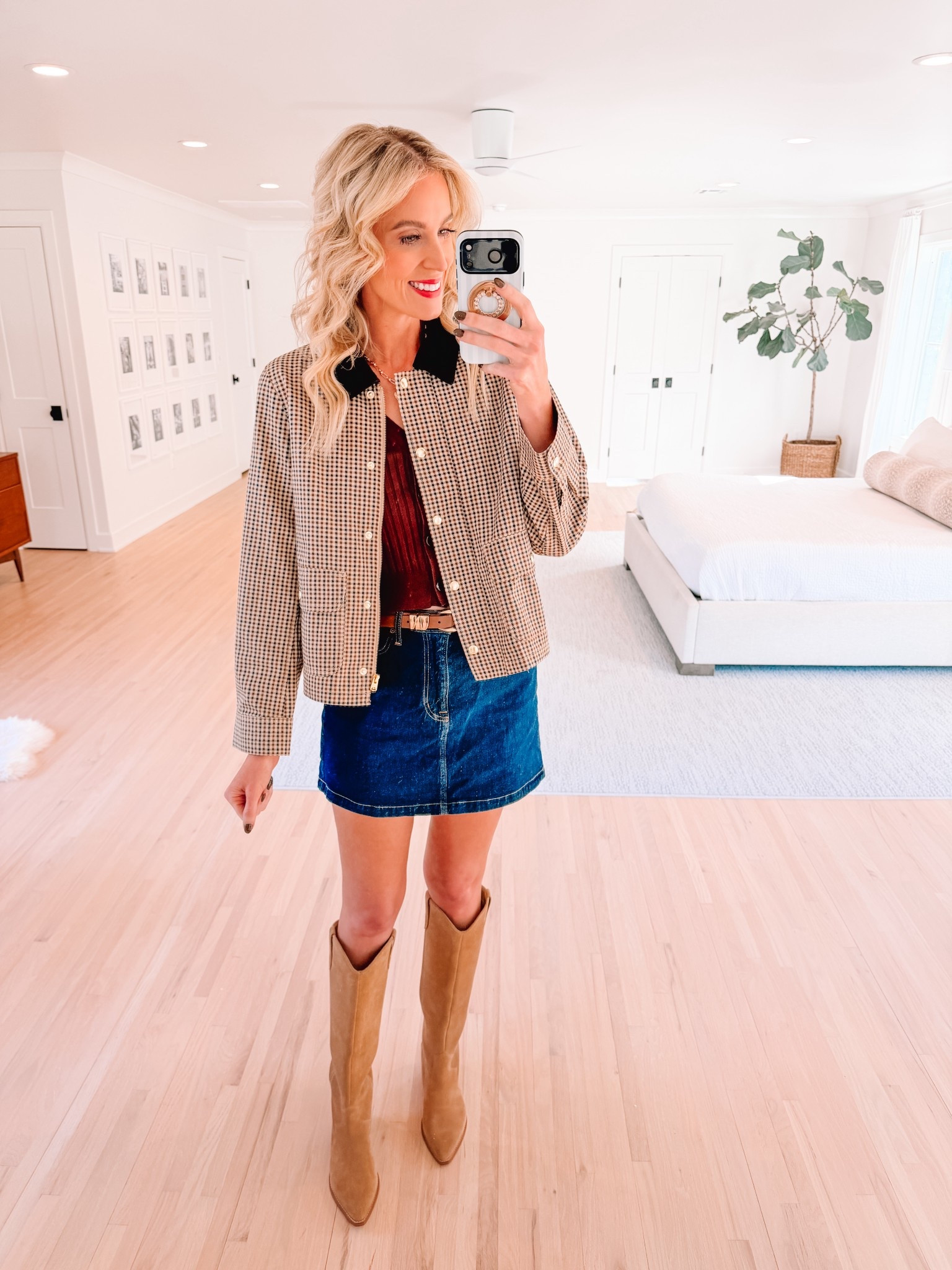 Obsessing over this fall look! 

Denim skirt / Barn jacket / Knee high boots / Fall outfit / Classic style 

#LTKStyleTip #LTKShoeCrush #LTKFindsUnder100