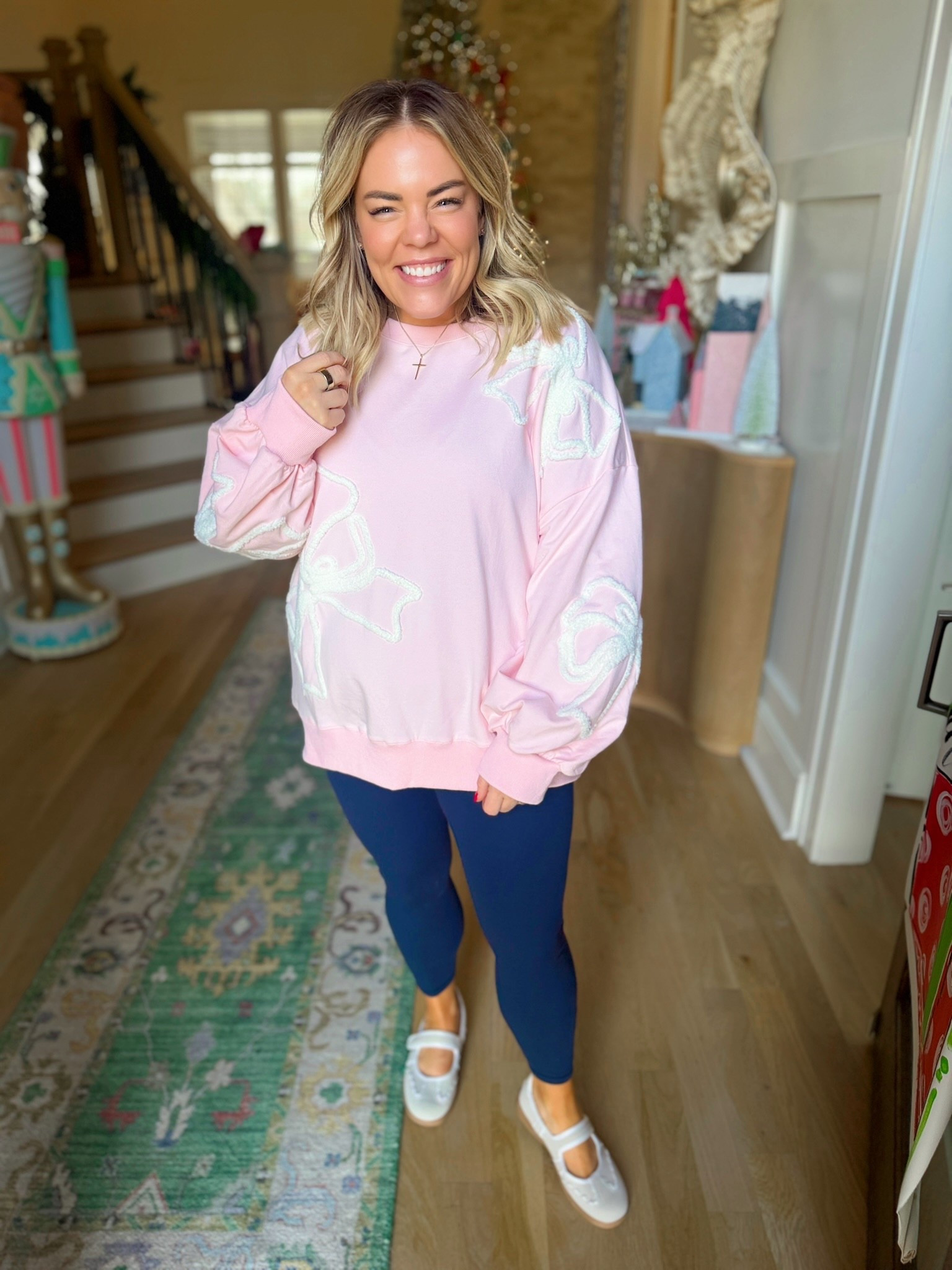 bow sweater, pink sweater, cozy sweater, sweater weather, leggings, trendy outfit, ootd 

#LTKSeasonal #LTKootd