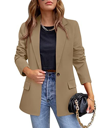 CRAZY GRID Womens Casual Blazer Long Sleeve Business Suit Jacket Open Front Button Work Office Blazer Jacket Fashion Dressy Plus Size Ladies Blazer Khaki 3XL | Amazon (US)