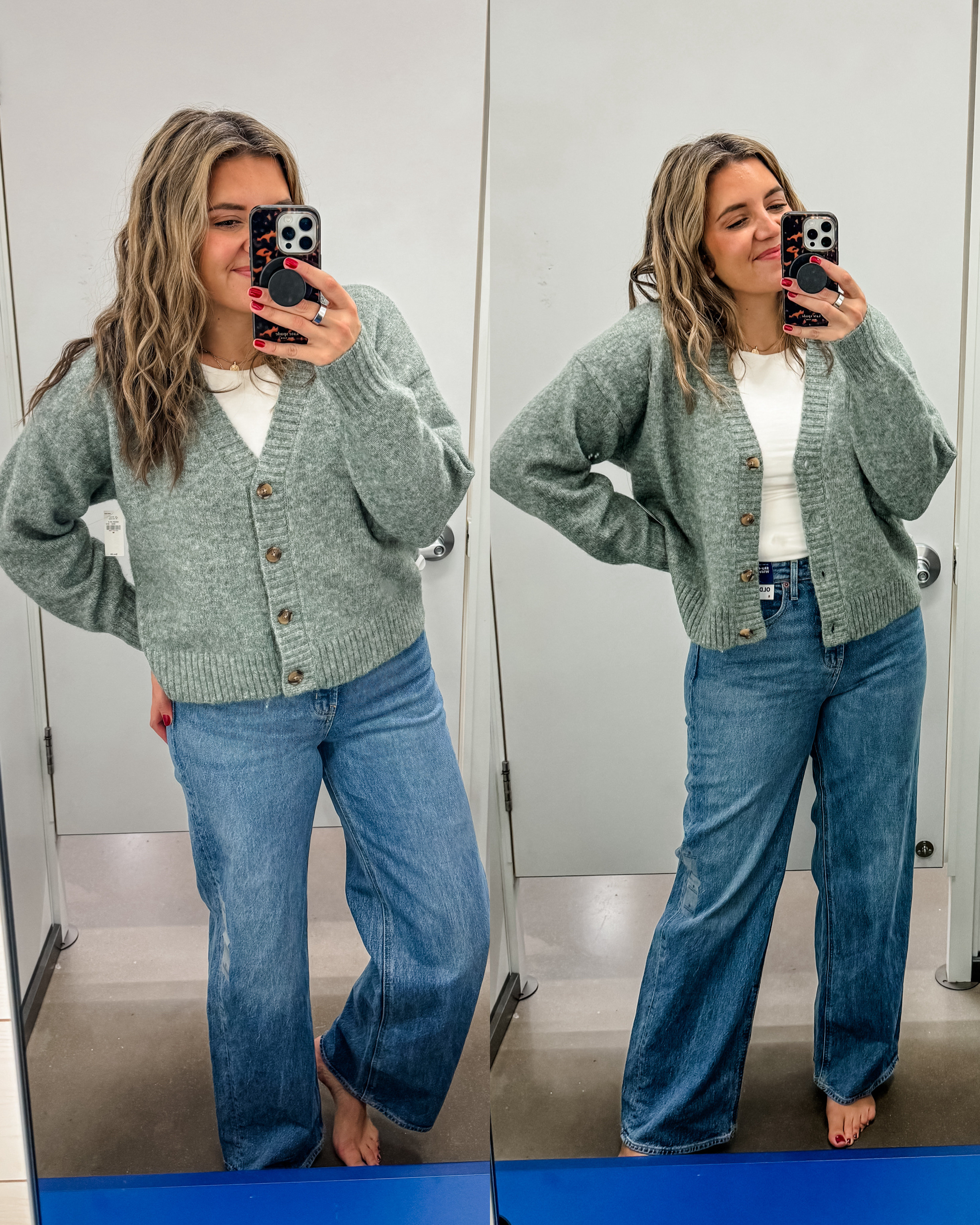 Old navy winter try on! New @oldnavy arrivals on a size 8
/ size medium, 5’7.5”. Sage green cardigan fits true to size. In a size medium. Wearing a small tall in the bodysuit and size 6 in wide leg jeans. 

#oldnavy 

#LTKFindsUnder50 #LTKSaleAlert