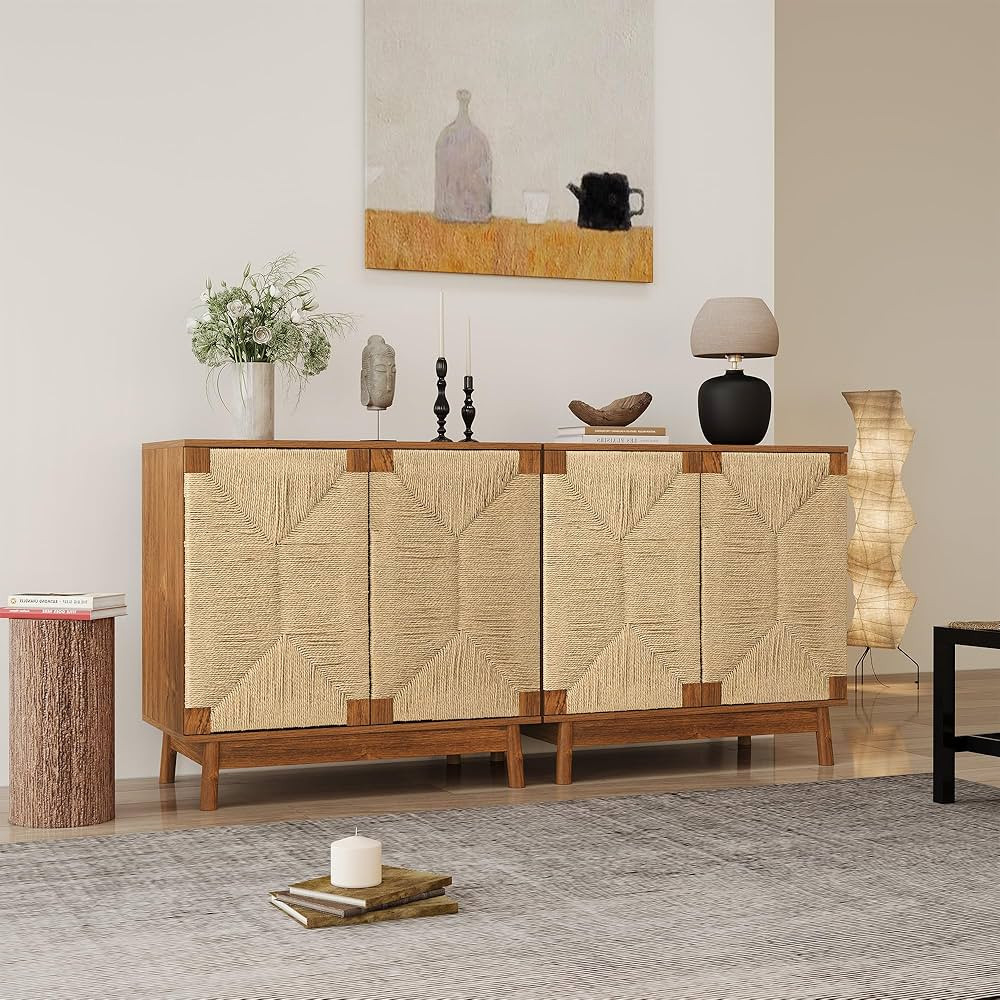 Accent Sideboard Cabinet with Solid Wood Legs, Boho Buffet Cabinet with Natural Fiber Paper Rope ... | Amazon (US)