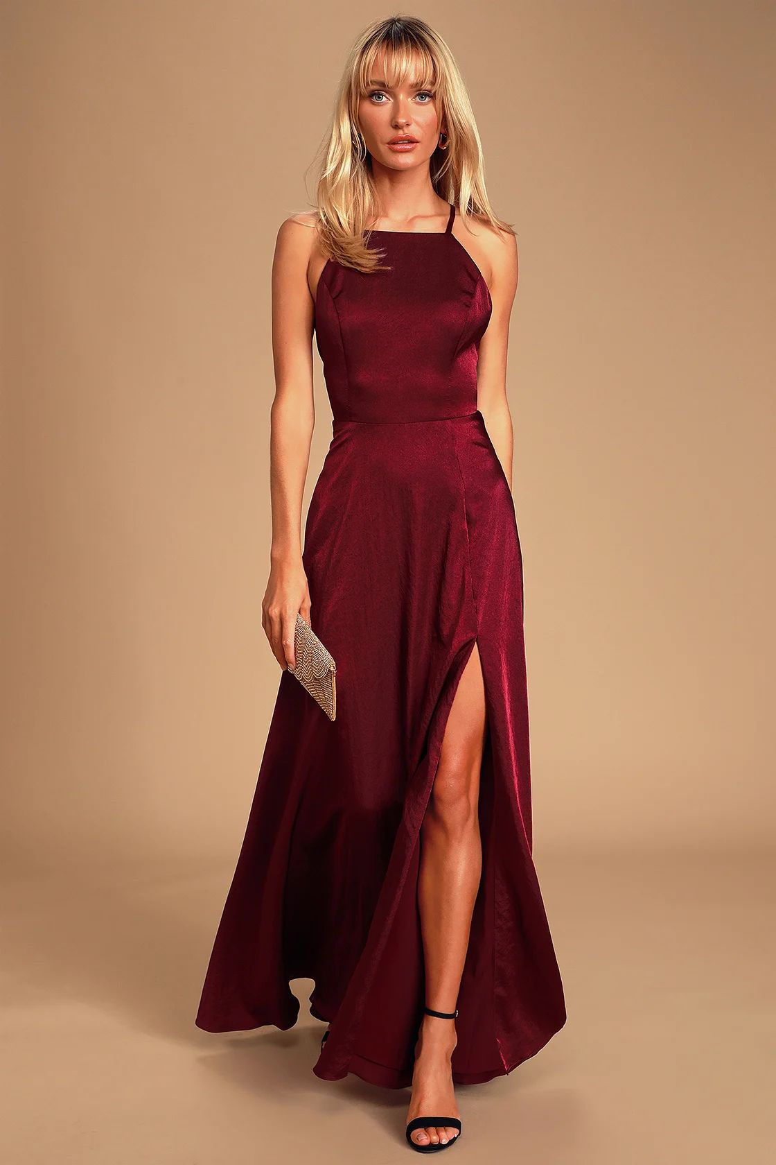 Total Beauty Burgundy Satin Backless Maxi Dress | Lulus (US)