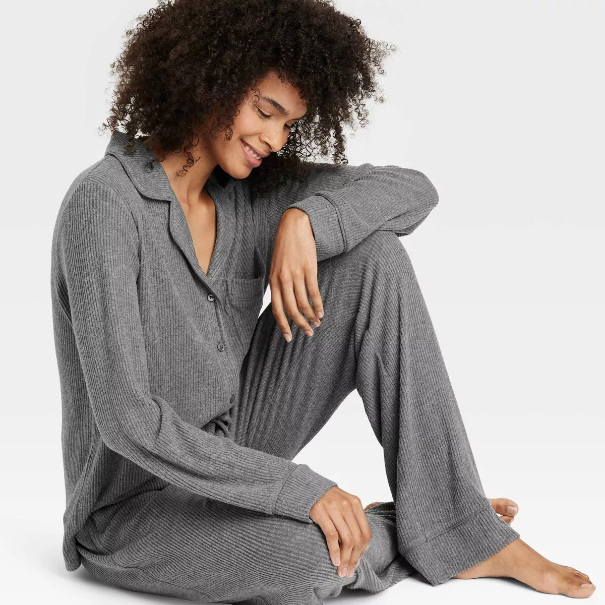 Women's Ribbed Snit Long Sleeve Notch Collar Shirt and Pants Pajama Set - Auden™ Dark Gray S | Target