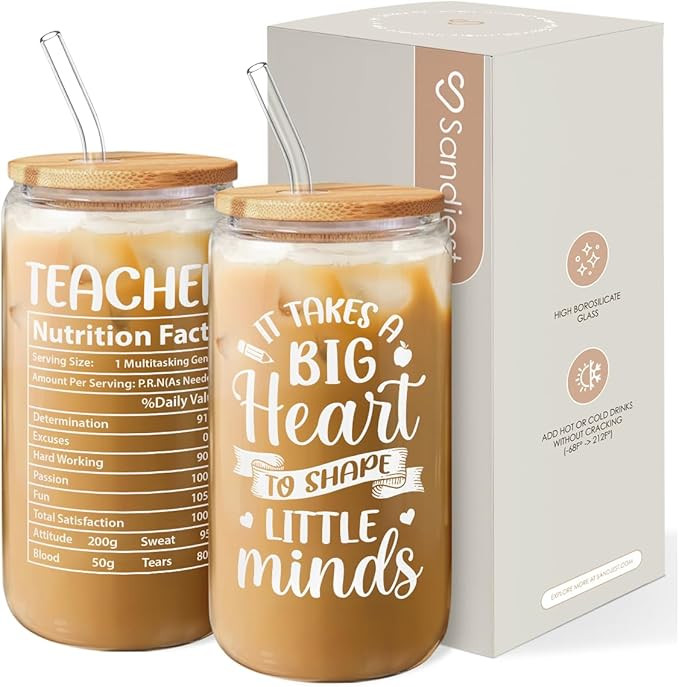 SANDJEST Teacher Gifts for Women - 16 Oz Can Glass Coffee Cup with Straws - Teacher Appreciation ... | Amazon (US)
