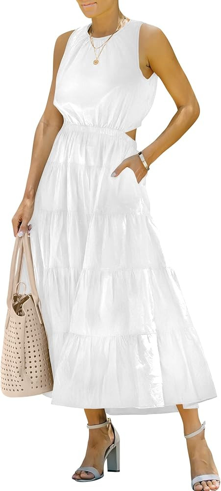 ANRABESS Womens Summer Sleeveless Cutout Maxi Dress Crewneck Tiered Flowy A-Line Sundress with Pocke | Amazon (US)