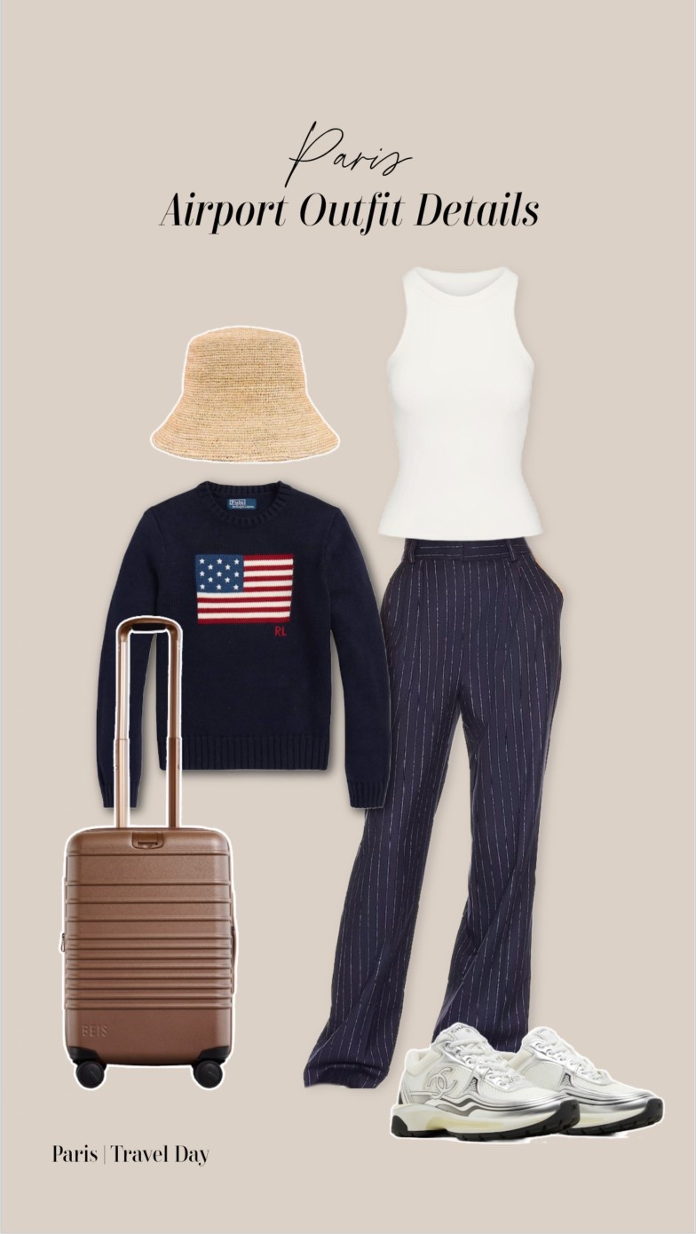 Sweater - medium
Tank - small
Pants - s / 4 (size down)
sneakers - TTS
luggage - brown 
Hat - m
